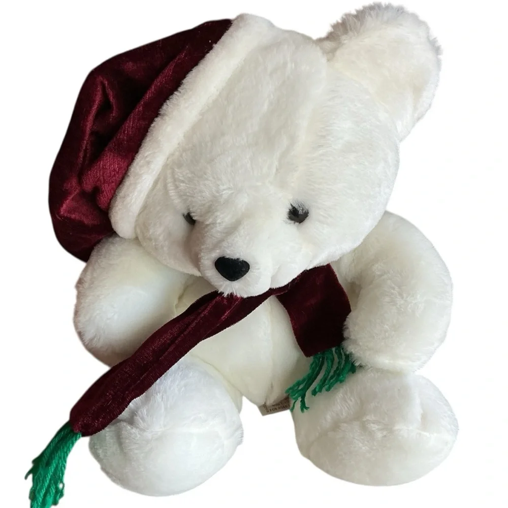 Fiesta White Teddy Bear with Burgundy Hat and Scarf